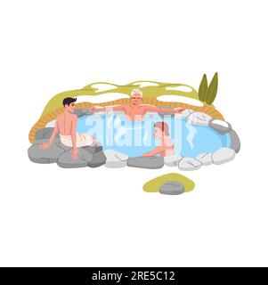 Japanisches Onsen-Thermalbad, Cartoon-junge Männer, die sich im Thermalbad mit Steinen, heißem Wasser und Dampf entspannen. Japanischer Vector-Whirlpool, Sauna im Freien, Winterpool mit geothermischer Quelle und Holzweg Stock Vektor