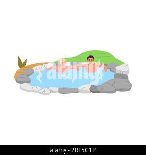 Japan Onsen mit Thermalbad. Junge Cartoon-Männer entspannen sich im Vektorthermalbad des japanischen Spa-Hotels mit heißem Wasser, Dampf, Felsen und Holzweg. Leute, die die Sauna im Freien besuchen, geothermische Onsen Stock Vektor