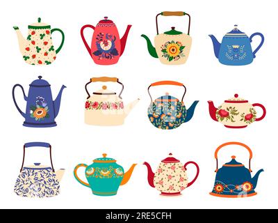Cartoon-Keramik-Teekannen und -Kessel, klassisches Küchengeschirr oder Keramik-Geschirr. Isolierte Kaffee- oder Teekannen mit Blumenverzierungen aus Blüten, Beeren und grünen Blättern Stock Vektor