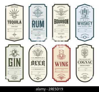 Alkoholiker-Etiketten. Etiketten für Tequila, Whiskey und Rum, Bourbon und Gin, Bier, Wein und Cognac-Getränke mit dünnen Vektorverzierungen aus Weinrebe, Hopfen und Gerste, Embleme für handwerklich hergestellte Getränke Stock Vektor