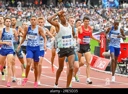 London Stadium, Queen Elizabeth Park, London, Großbritannien am 23 2023. Juli. 1500m Men, 1. NUGUSE Yared USA, 2. NORDÅS Narve Gilje NOR, 3. GOURLEY Neil GBR, 4. GILES Elliot GBR, 5. STONIER Matthew GBR, 6. McSWEYN Stewart AUS, 7. MECHAAL Adel ESP, 8. 11. CHERUIYOT Timothy KEN, 9. HABZ Azeddine FRA, 10., TANNER García Samuel NZL 12. SPENCER Adam AUS, 13. HOCKER Cole USA, 14. COSCORAN Andrew IRL, 15. MILLS George GBR, während des Wanda Diamond League London Athletics Meet im London Stadium, Queen Elizabeth Park, London, UK am 23 2023. Juli. Foto: Francis Kni Stockfoto