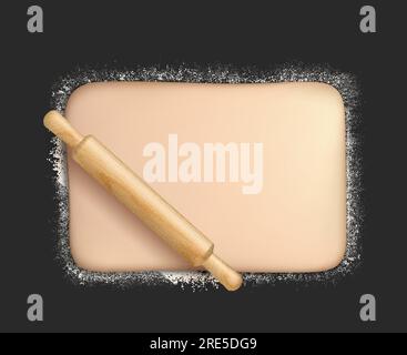 Realistischer Backteig mit Weizenmehl und Walznadel. Bäckerei oder Konditorei im 3D-Vektor-Hintergrund, Restaurantpatisserie, Brotbackwaren und Gebäck Desserts im Hintergrund mit rechteckigem Teig Stock Vektor