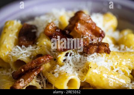 Detail eines Tellers Pasta Carbonara. Typisch italienisches und römisches Gericht. Pasta alla Carbonara mit Rigatoni Guanciale, wie Speck und Ei. Det Stockfoto