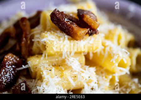 Detail eines Tellers Pasta Carbonara. Typisch italienisches und römisches Gericht. Pasta alla Carbonara mit Rigatoni Guanciale, wie Speck und Ei. Det Stockfoto