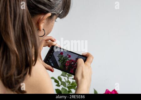 Influencer macht Bilder von Blüten von roten Blumen und Pflanzen während der Frühlingsblüte. Fotos für soziale Netzwerke und Gartenarbeit und eine Leidenschaft für Stockfoto