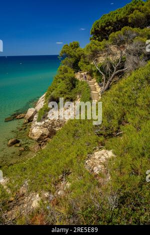 Blick auf einige Treppen des Küstenpfads (Camí de ronda) in Salou, an der Costa Daurada Küste, zwischen den Stränden der Stadt (Tarragona, Katalonien, Spanien) Stockfoto