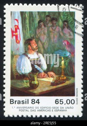 BRASILIEN - CIRCA 1984: Stempel gedruckt von Brasilien, zeigt den ersten Brief, der in Brasilien von Guido Mondin, circa 1984, verschickt wurde Stockfoto