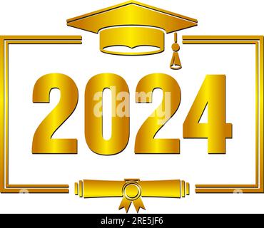 Abschlussklasse 2023. Goldene Buchstaben für die Begrüßung, Einladungskarte. Text für Abschlussdesign, Glückwunschveranstaltung, T-Shirt, Party, High Schoo Stock Vektor