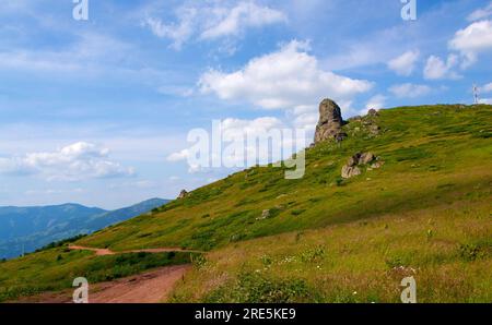 Tauchen Sie ein in die atemberaubende Symphonie der Pracht der Natur, wo majestätische Berggipfel den Himmel berühren, üppige Täler in Ruhe wiegen und Stockfoto