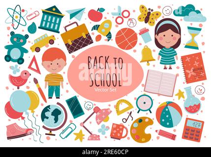 Handgezogener Vektorsatz mit Schulbedarf. Stock Vektor