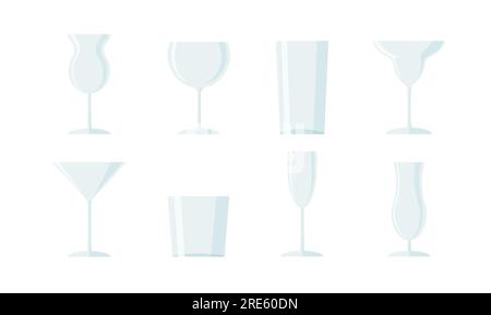 Trinkgläser isoliert auf weißem Hintergrund. Transparente Vektorgläser für verschiedene Cocktails. Stock Vektor
