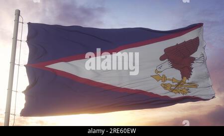 Die Flagge Amerikanisch-Samoas weht im Wind, Himmel und Sonne. 3D Abbildung Stockfoto