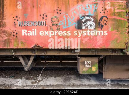 Verlassene und sich verschlechternde Eisenbahnwaggons am Hellifield Bahnhof in North Yorkshire Stockfoto