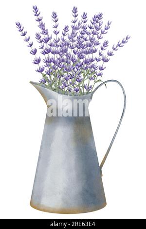 Lavendelfarbener Blumenstrauß in altem rustikalem Glas aus Metall. Handgezeichnete Aquarellzeichnung lilafarbener Blumen in Gartengeräten für Grußkarten oder Einladungen auf einem isolierten weißen Hintergrund. Blumenzeichnung. Stockfoto