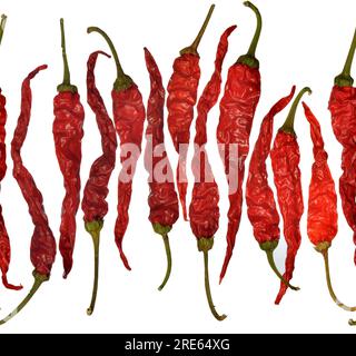 Fliesenansicht von rotem Paprika, kann für einen nahtlosen Hintergrund horizontal gekachelt werden. Stockfoto