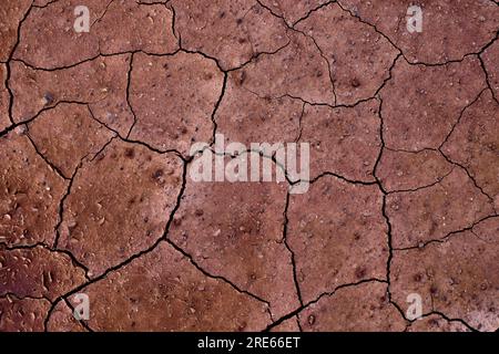 Gerissener trockener roter Boden, Herausforderungen des Klimawandels und der Klimakrise. Stockfoto