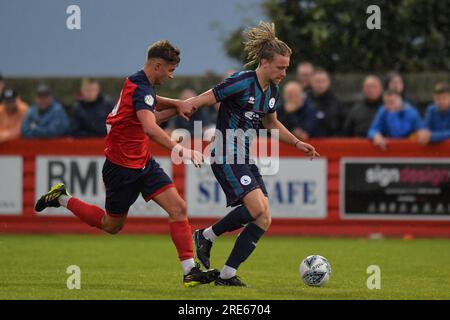 Kieran Burton von Hartlepool United während des Vorsaison-Freundschaftsspiels zwischen Redcar Athletic und Hartlepool United in Green Lane, Redcar in England am Dienstag, den 25. Juli 2023. (Foto: Scott Llewellyn | MI News) Guthaben: MI News & Sport /Alamy Live News Stockfoto