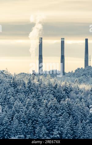 Im Winter steigt der Dampf aus den Rauchschichten hinter dem eisigen Wald auf Stockfoto