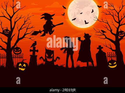 Silhouetten von Halloween-Figuren auf dem Friedhof. Nächtliche Friedhofslandschaft mit Zombies, Vampiren, fliegenden Hexen und Kürbissen. Vektorhintergrund mit Gräbern, gruseligen Bäumen und Fledermäusen unter dem Mond am orangefarbenen Himmel Stock Vektor