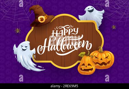 Halloween-Holzbanner mit Cartoon-Kürbissen, Geistern und Spinnennetz. Happy Halloween Vektorkarte mit Horror Kürbislaternen, fliegenden Geistern und Hexenhut, Spinnen, Spinnweben und alten Holzschildern Stock Vektor