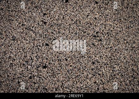 Grobe Sandkörner und kleine Kieselsteine, fein gemahlene Mineralien an einem Meeresstrand, Blick von oben, Nahaufnahme. Stockfoto