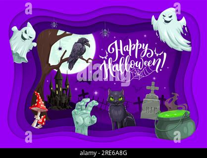 Halloween-Papierschnitt mit Friedhof, Schloss, Urlaubslandschaft und Cartoon-Geistern. Vector Halloween Horrormonmonster in mehrschichtigen Paperut-Rahmen mit Zauberkessel, Mond, Fledermäusen und Zombie-Hand Stock Vektor