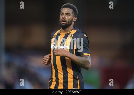 Scunthorpe, Großbritannien. 25. Juli 2023. Cyrus Christie #33 of Hull City während des Vorsaison-Freundschaftsspiels Scunthorpe United vs Hull City in Glanford Park, Scunthorpe, Großbritannien, 25. Juli 2023 (Foto von James Heaton/News Images) in Scunthorpe, Großbritannien, am 7.25.2023. (Foto: James Heaton/News Images/Sipa USA) Guthaben: SIPA USA/Alamy Live News Stockfoto