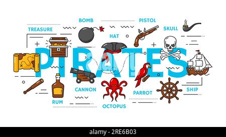 Piraterie, Piraten und corsair-Symbole von Schädel, Schatztruhe und Karte, Vektorkontur. Karibische Piraten Schiff und Schädel mit Kreuz, Kapitän Papagei und corsair Tricorne Hut mit Rum und Spyglass Stock Vektor