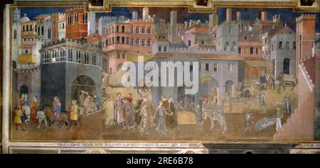 Titel: Wirkungen des guten Regierens in der Stadt Künstler: Ambrogio Lorenzetti Datum: 1338-1339 Abmessungen: Nicht spezifiziert Medium: Fresco Ort: Palazzo Pubblico, Siena, Italien Stockfoto