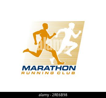 Marathon Run Sport Ikone der Läufer-Mann-Silhouette, Health Club Vector-Emblem. Marathon Run Club oder Joggingrennen und Speed-Sprint Sport-Wettkampf-Abzeichen mit Running man-Silhouette eines sportlichen Sprinters Stock Vektor