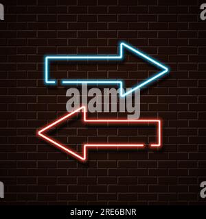 Neonrote und blaue Pfeile an einer Ziegelwand. Vektordarstellung. Stock Vektor