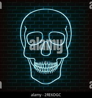 Traditioneller Zuckerschädel. Ein Designelement für den Tag der Toten. Neonlicht auf Backsteinhintergrund. Stock Vektor