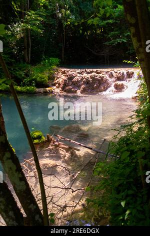 Wagen Sie sich in eine magische Welt der Waldwasserfälle, wo die Kunst der Natur atemberaubende türkisfarbene Seen enthüllt. Tauchen Sie ein in das ruhige B Stockfoto