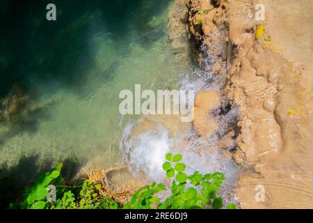 Wagen Sie sich in eine magische Welt der Waldwasserfälle, wo die Kunst der Natur atemberaubende türkisfarbene Seen enthüllt. Tauchen Sie ein in das ruhige B Stockfoto