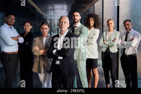 Teamporträt erfolgreiche, multiethnische Profis, die Selbstvertrauen zeigen. Junge und reife Kollegen. Stockfoto