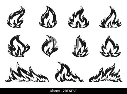 Trickfilm-Set mit flachen Symbolen am Lagerfeuer. Heiße Flamme auf weißem Hintergrund. Feuriges Hitzefeuer, Wildfeuer und Lagerfeuer, brennende schwarze Silhouetten. Emoticon, Stempel, Schablone Stock Vektor