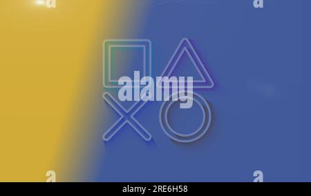 Joystick-Spielekonsole Videowiedergabe und Cyber-eports-Symbol mit natürlichem Schatten. Abstraktes Konzept für Cyber-Technologie-Symbole. 3D Licht und Schatten des Gegenstands Stockfoto