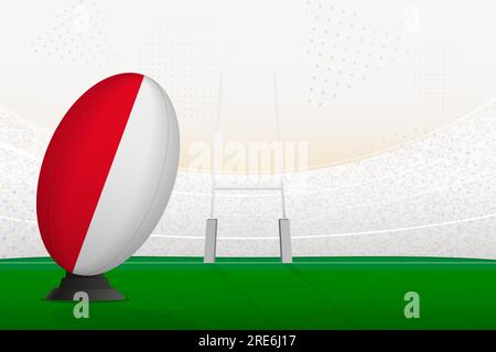 Rugby-Ball der Monaco-Nationalmannschaft auf Rugbystadion und Torpfosten, Vorbereitung auf einen Elfmeterball oder Freistoß. Vektordarstellung. Stock Vektor