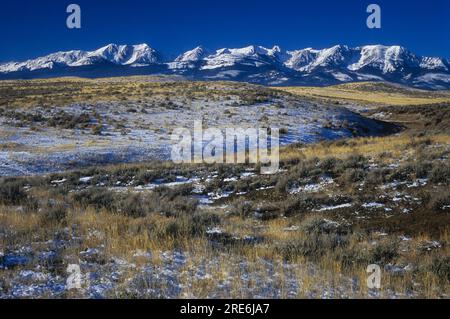 Salbei Pinsel und Bridger Range an einem kalten Wintermorgen in Gallatin County, Montana, USA. Stockfoto