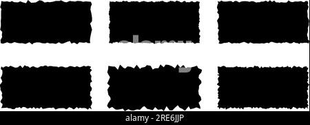 Ein Satz zerrissener Papierstücke. Schwarze Rechteckrahmen mit gezackten Kanten. Gerissene rechteckige Silhouetten Kollektion. Strukturiertes Grunge-Element-Paket für Collage, Textfeld, Banner, Aufkleber. Vektor Stock Vektor