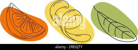 Set aus Zitronenschale, Orangenscheibe und grünem Blatt mit bunten abstrakten Flecken in trendigen Farbtönen. Vektordarstellung. EPS. Aufkleber. Symbol. Isolieren. Designelement für Poster, Banner, Broschüren oder Karten, Preis Stock Vektor