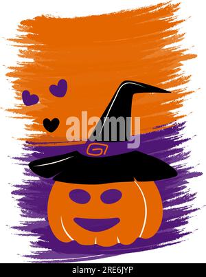 Vertikales Bild von Halloween-Kürbis in Hexenhut auf Pinselstrich abstrakter Hintergrund in den trendigen Farben Orange, Lila und Schwarz. Kopierraum. Isolieren. Vektor. EPS . Eignet sich gut für Buchstaben, Grußkarten oder Karten Stock Vektor