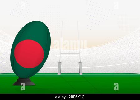 Rugbyball der Bangladesch-Nationalmannschaft auf Rugbystadion und Torpfosten, Vorbereitung auf einen Elfmeter oder Freistoß. Vektordarstellung. Stock Vektor