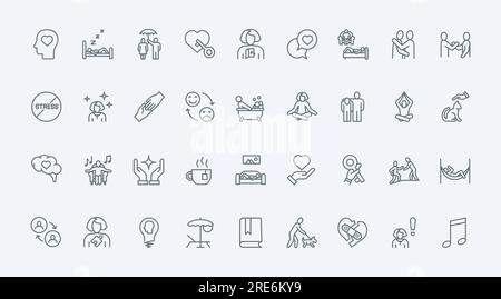 Hilfe und Unterstützung bei Stress, Wohlbefinden dünne Liniensymbole stellen die Vektordarstellung ein. Symbole der Selbsthygiene und psychischen Gesundheit zur Heilung von Stress- und Depressionsproblemen, psychologischer Hilfe und Therapie Stock Vektor