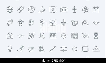Elektrizität, Schaltkreissymbole dünne Linien Symbole Vektordarstellung festlegen. Umrissspannungsleitungen und Blitzladungen, Schutzausrüstung und Ausrüstung von Elektrikern und Glühlampen, Stecker und Steckdose Stock Vektor
