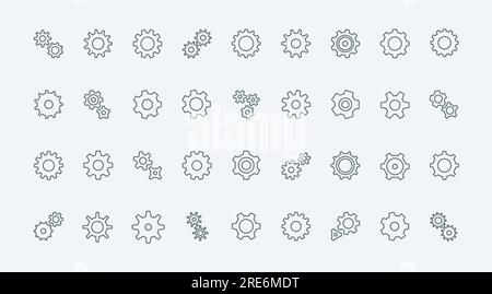 Zahnräder und Zahnräder dünne Liniensymbole stellen die Vektordarstellung ein. Symbole für kreisförmige Getriebezahnräder für Fabrikmaschinen und Maschinenmotor, Motorrad und Taktkettenrad, Teamarbeit und Einstellschilder Stock Vektor