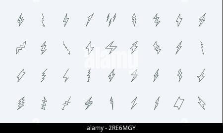 Blitzlichter dünne Liniensymbole stellen die Vektordarstellung ein. Umreißen Sie Symbole für elektrische Energie und Energie, Stromgefahr mit verschiedenen Blitzen, einfache Bahnschilder und Pfeile in Zickzackform Stock Vektor