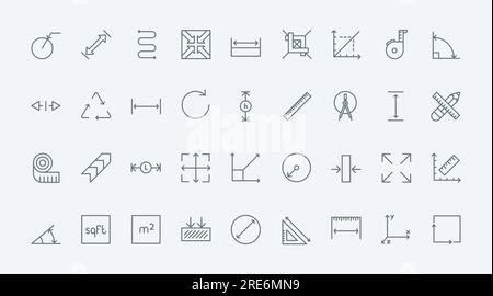 Symbole für Bemaßung, Fläche und Messung dünner schwarzer Linien legen die Vektordarstellung fest. Infografik-Piktogramme mit Längen-, Höhen- und Breitenmaß, kreisförmige und gerade Linien mit Pfeilen und Skalen Stock Vektor