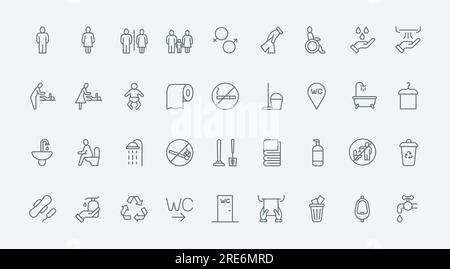Die dünnen Symbole für Toiletten und Toiletten stellen die Vektordarstellung ein. Schilder für öffentliche Toiletten und Badezimmer, geschlechtsspezifische Piktogramme und Barrierefreiheit für Rollstuhlfahrer, Symbole für Papierhandtücher und Hygiene Stock Vektor