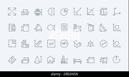 Symbole für dünne schwarze Linien für Größenmessungen legen die Vektordarstellung fest. Infografik-Piktogramme zur Messung der Raumfläche und der geometrischen Formen, Gepäck- und Haustiertransport, Abmessungen des Lieferkartons mit Lineal Stock Vektor